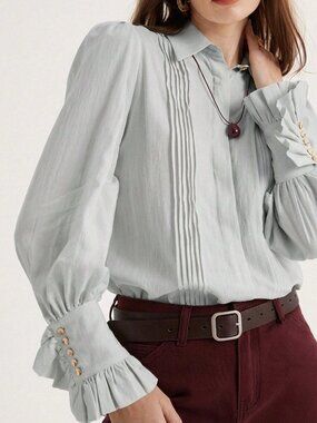 Baby Blue Casual Women's French Pleated Collar Button Long Sleeve Shirt